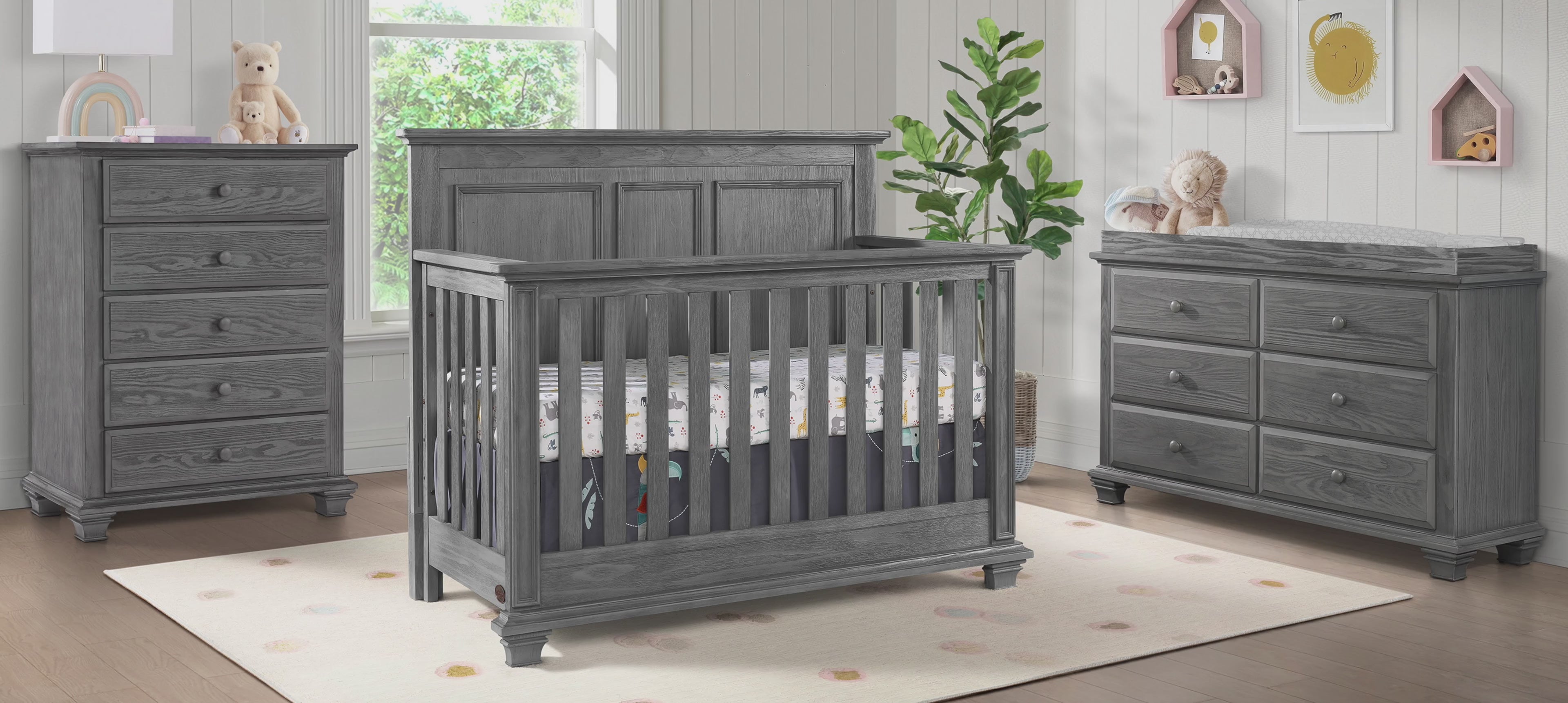 Grey baby crib and dresser on sale